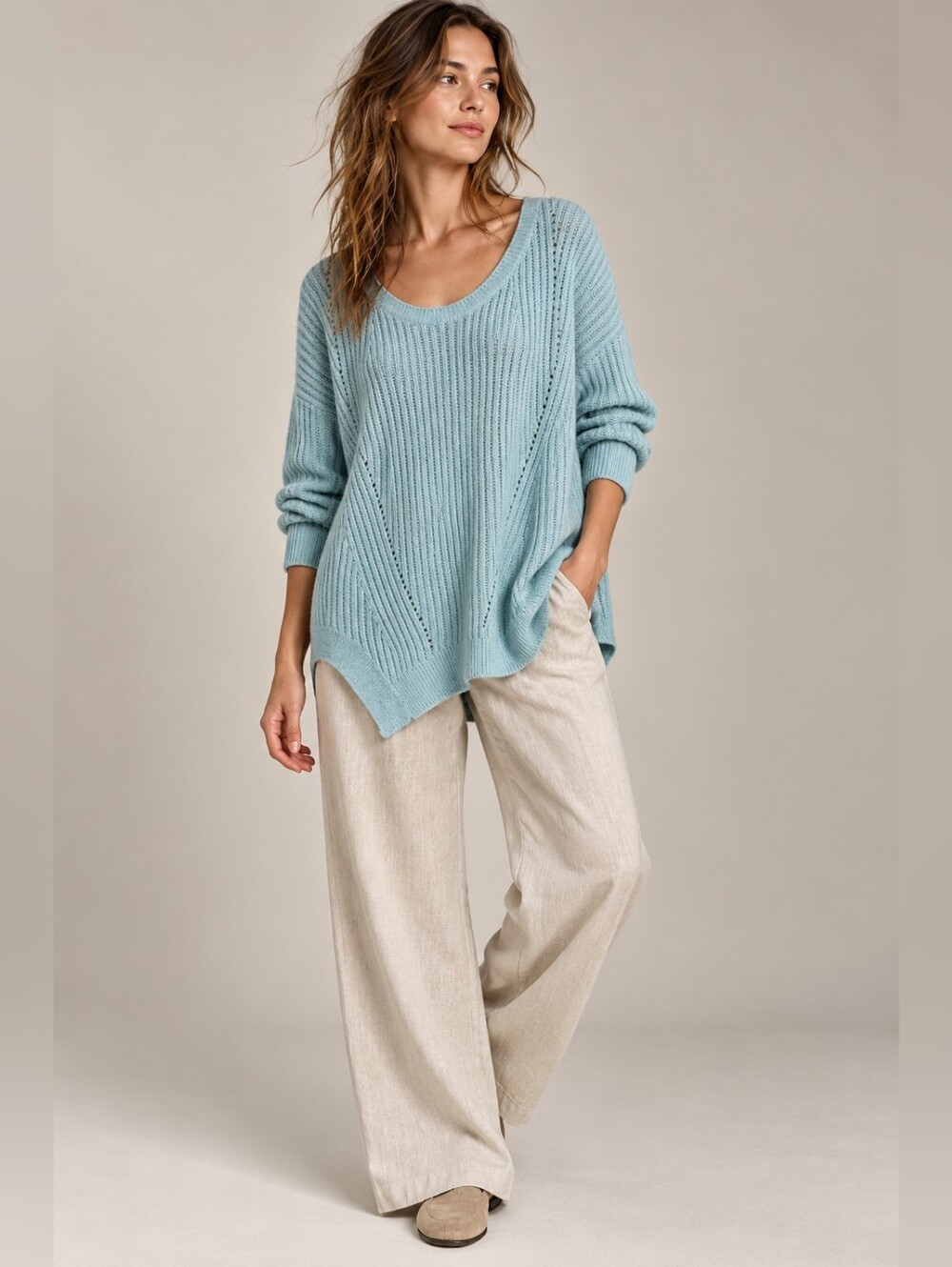 GARNET HILL Pure Cashmere Asymmetric Scoop Neck Tunic Sweater Blue Small